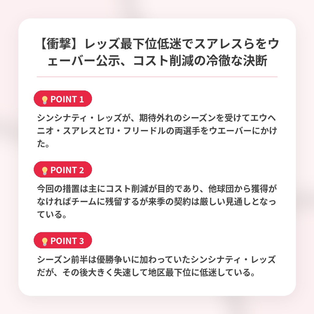 【衝撃】レッズ最下位低迷でスアレスらをウェーバー公示、コスト削減の冷徹な決断の注目ポイントまとめ
