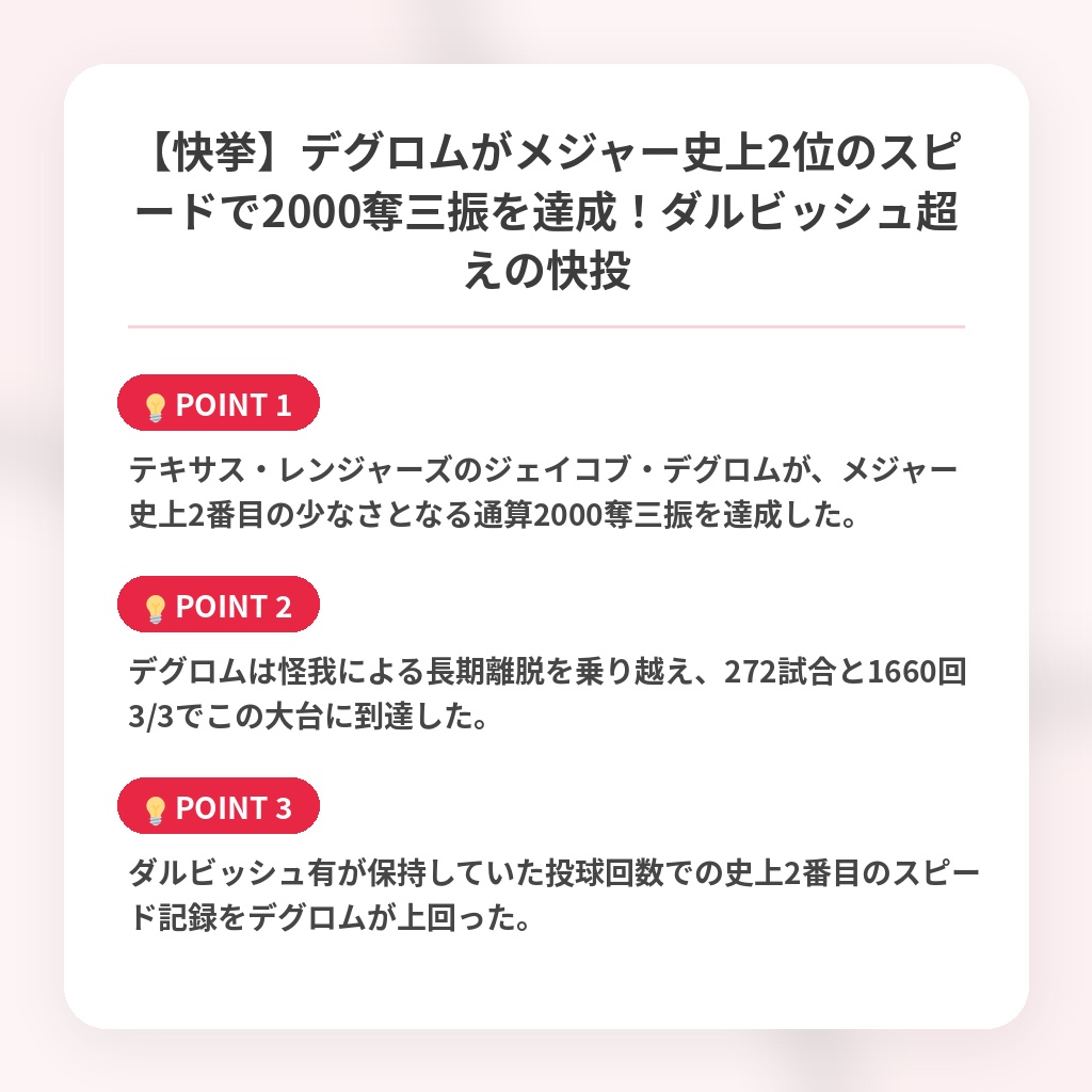 【快挙】デグロムがメジャー史上2位のスピードで2000奪三振を達成！ダルビッシュ超えの快投の注目ポイントまとめ