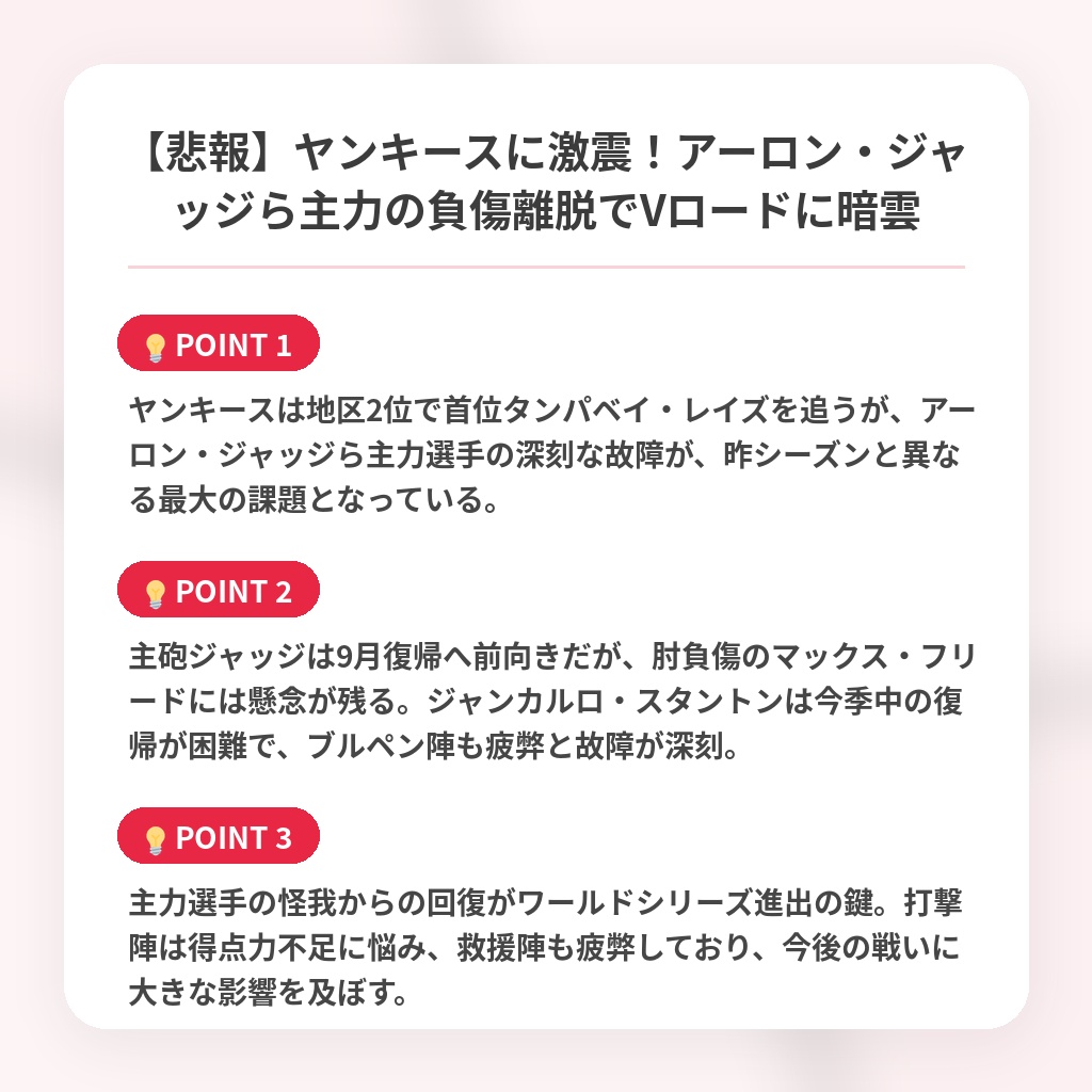 【悲報】ヤンキースに激震！アーロン・ジャッジら主力の負傷離脱でVロードに暗雲の注目ポイントまとめ