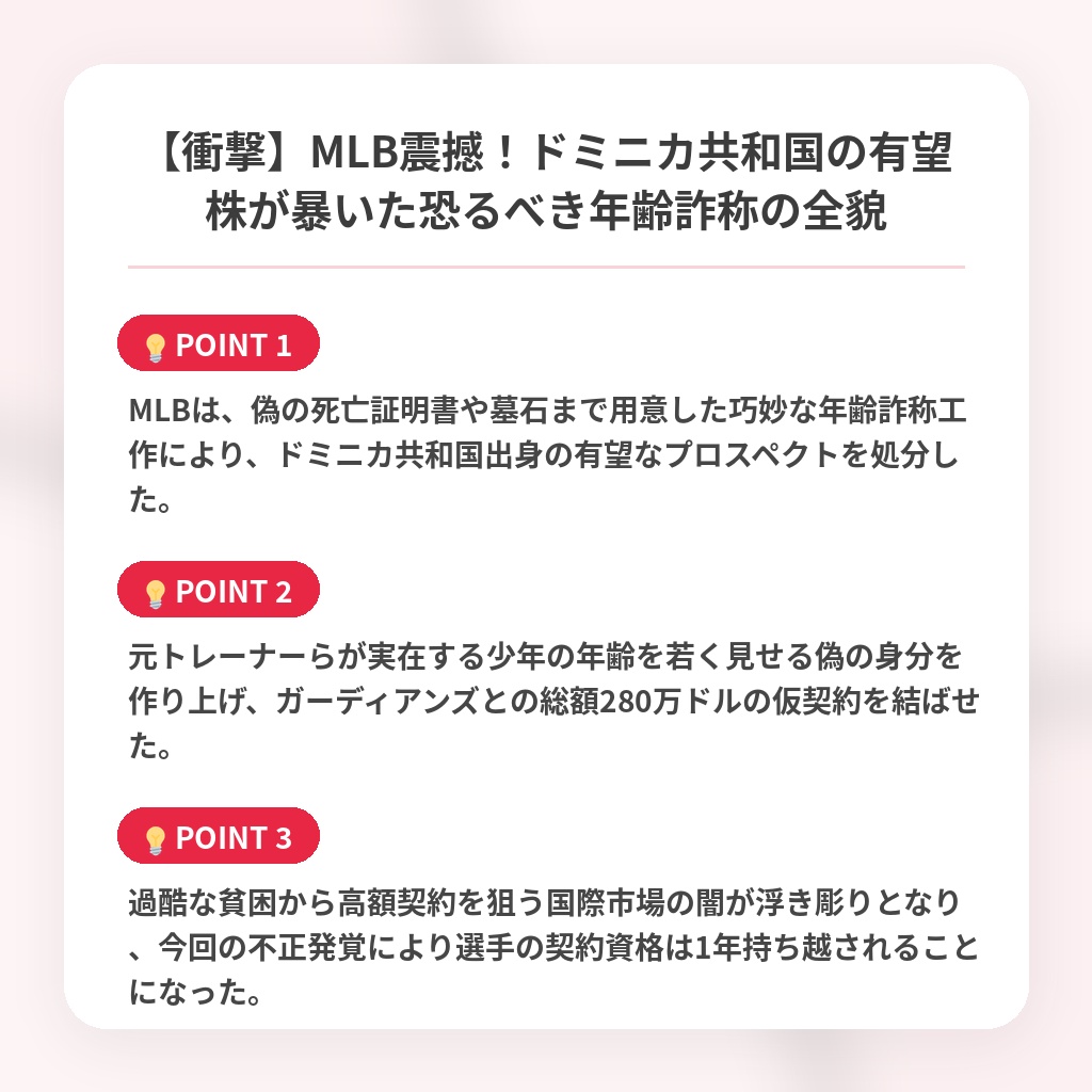 【衝撃】MLB震撼！ドミニカ共和国の有望株が暴いた恐るべき年齢詐称の全貌の注目ポイントまとめ