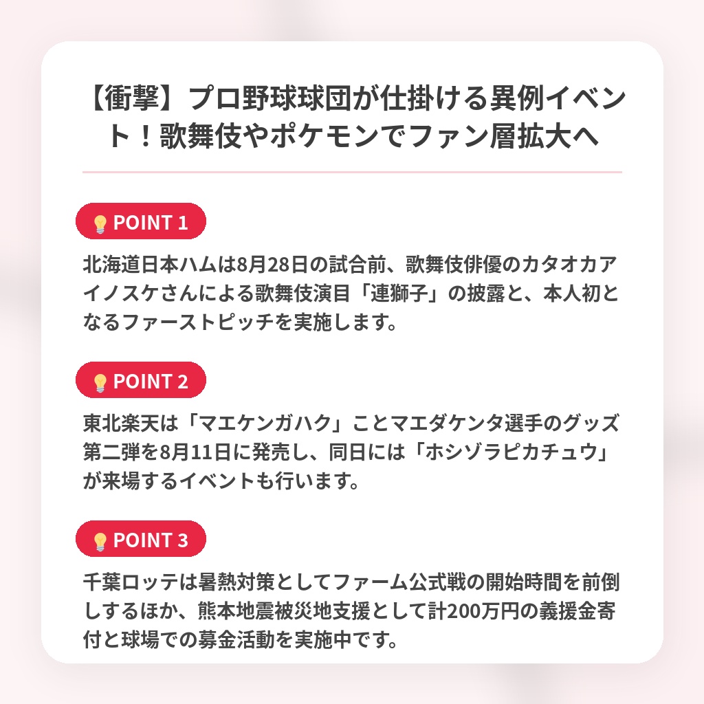 【衝撃】プロ野球球団が仕掛ける異例イベント！歌舞伎やポケモンでファン層拡大への注目ポイントまとめ
