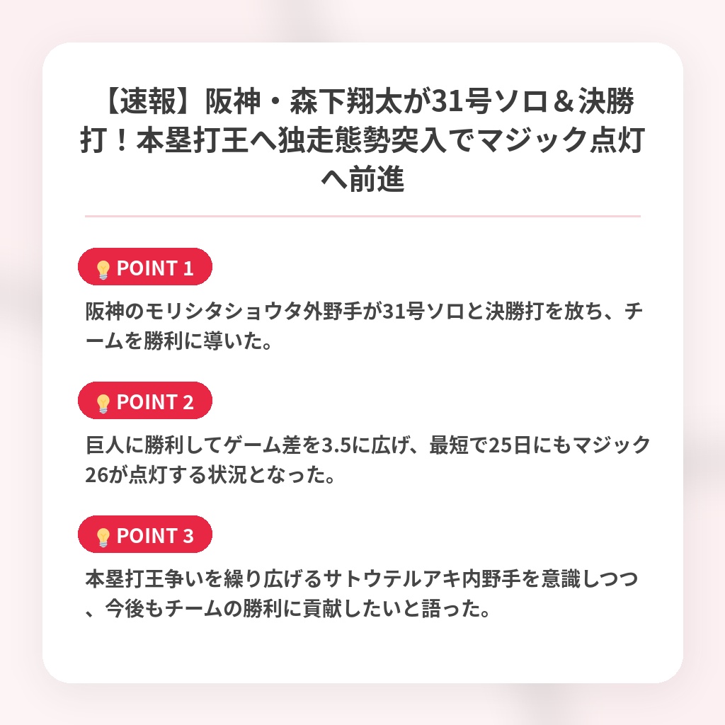 【速報】阪神・森下翔太が31号ソロ＆決勝打！本塁打王へ独走態勢突入でマジック点灯へ前進の注目ポイントまとめ