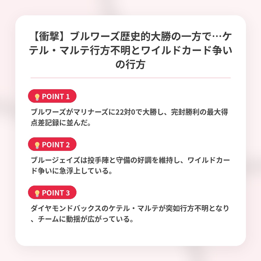 【衝撃】ブルワーズ歴史的大勝の一方で…ケテル・マルテ行方不明とワイルドカード争いの行方の注目ポイントまとめ