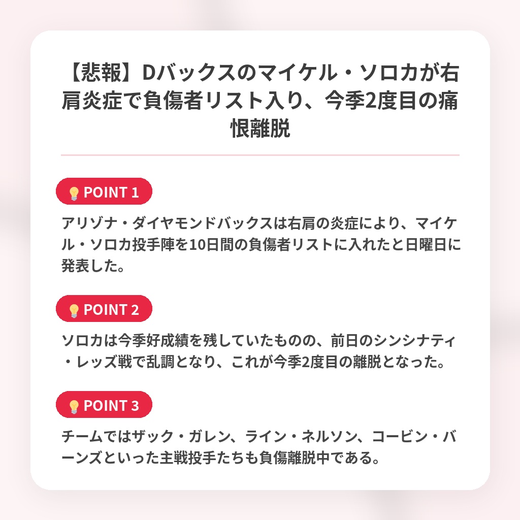 【悲報】Dバックスのマイケル・ソロカが右肩炎症で負傷者リスト入り、今季2度目の痛恨離脱の注目ポイントまとめ