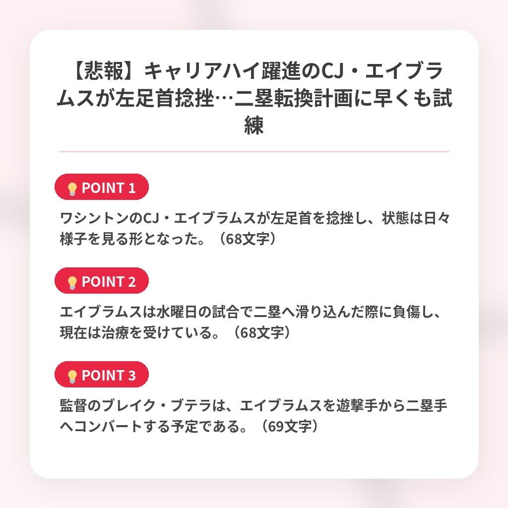 【悲報】キャリアハイ躍進のCJ・エイブラムスが左足首捻挫…二塁転換計画に早くも試練の注目ポイントまとめ