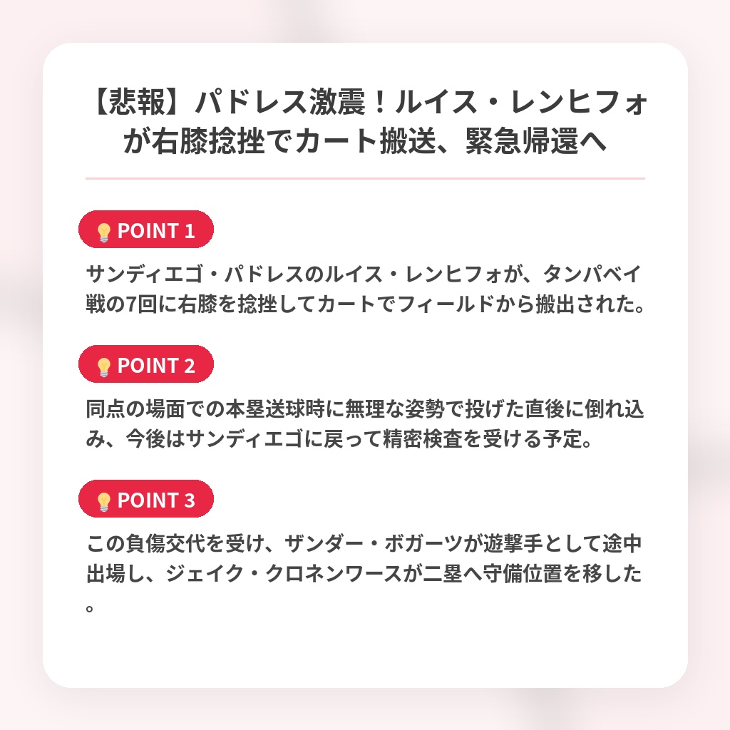 【悲報】パドレス激震！ルイス・レンヒフォが右膝捻挫でカート搬送、緊急帰還への注目ポイントまとめ