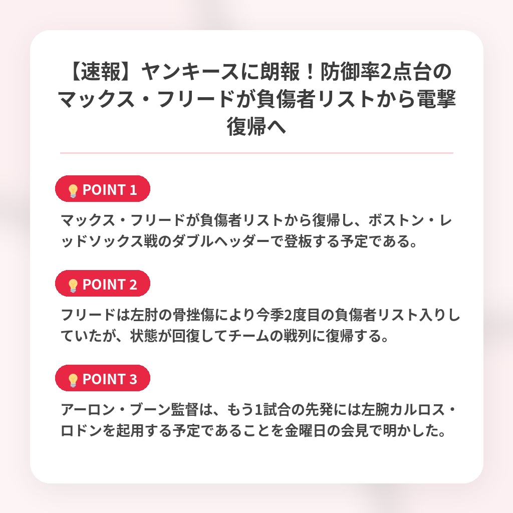 【速報】ヤンキースに朗報!防御率2点台のマックス・フリードが負傷者リストから電撃復帰への注目ポイントまとめ