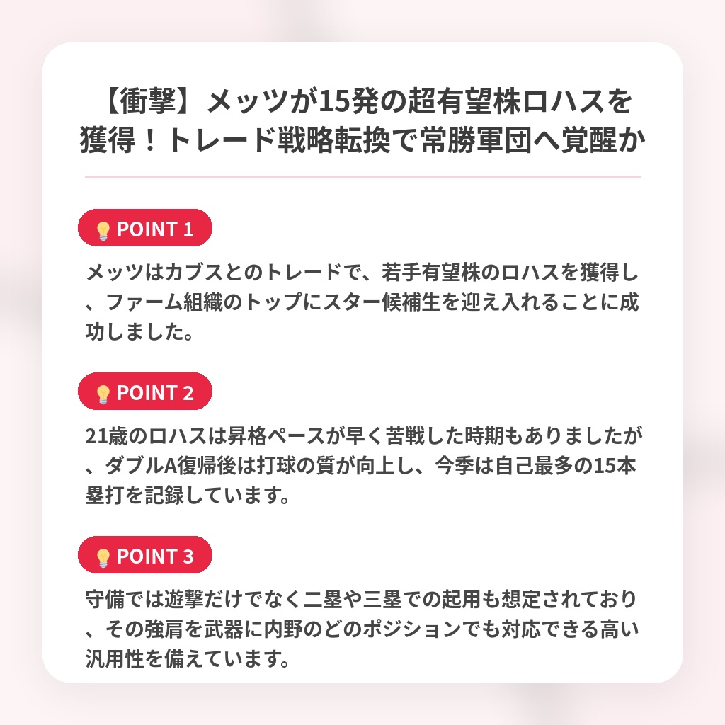 【衝撃】メッツが15発の超有望株ロハスを獲得！トレード戦略転換で常勝軍団へ覚醒かの注目ポイントまとめ