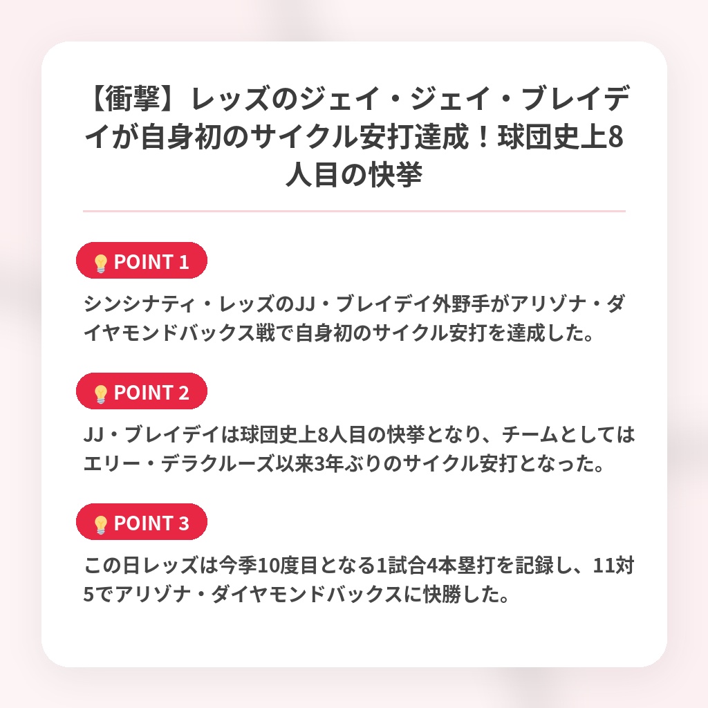 【衝撃】レッズのジェイ・ジェイ・ブレイデイが自身初のサイクル安打達成！球団史上8人目の快挙の注目ポイントまとめ