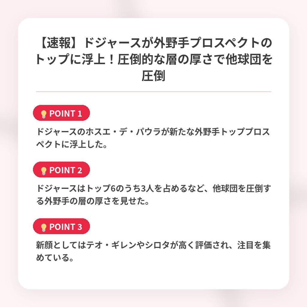 【速報】ドジャースが外野手プロスペクトのトップに浮上！圧倒的な層の厚さで他球団を圧倒の注目ポイントまとめ