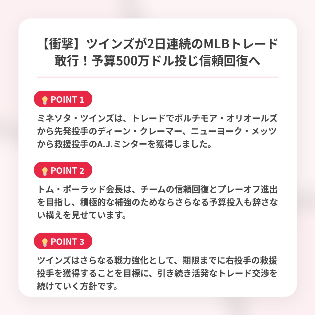 【衝撃】ツインズが2日連続のMLBトレード敢行!予算500万ドル投じ信頼回復への注目ポイントまとめ