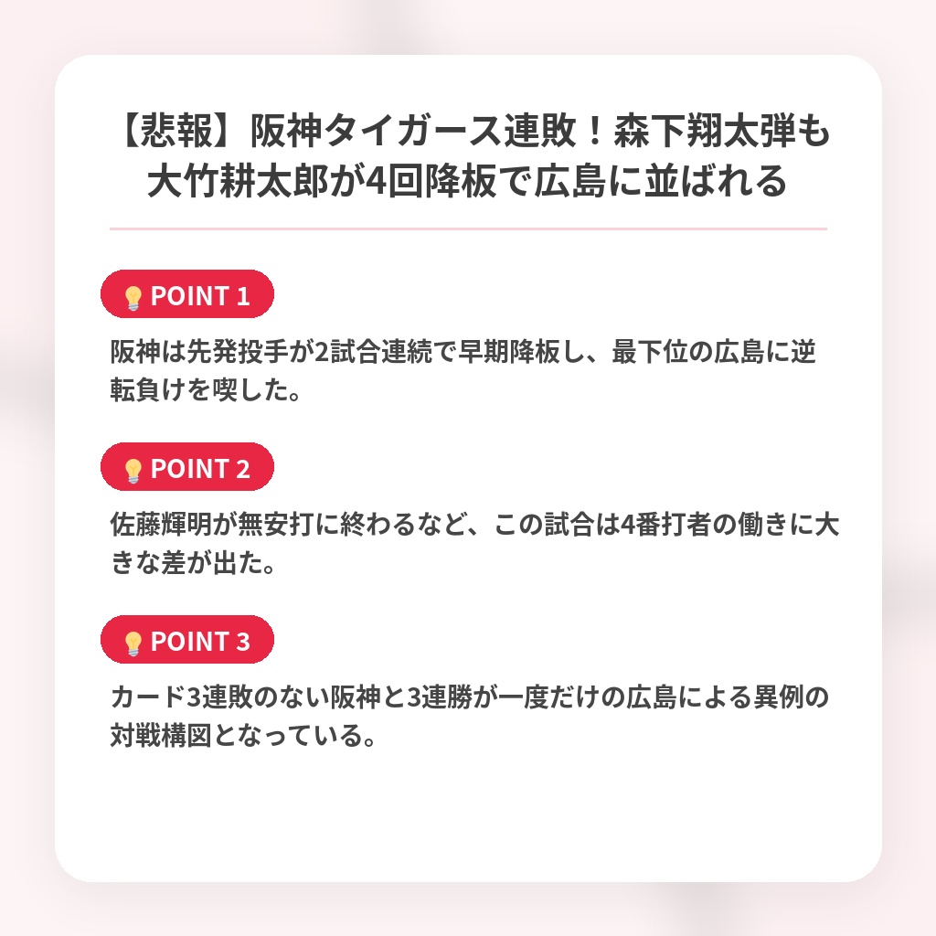 【悲報】阪神タイガース連敗！森下翔太弾も大竹耕太郎が4回降板で広島に並ばれるの注目ポイントまとめ