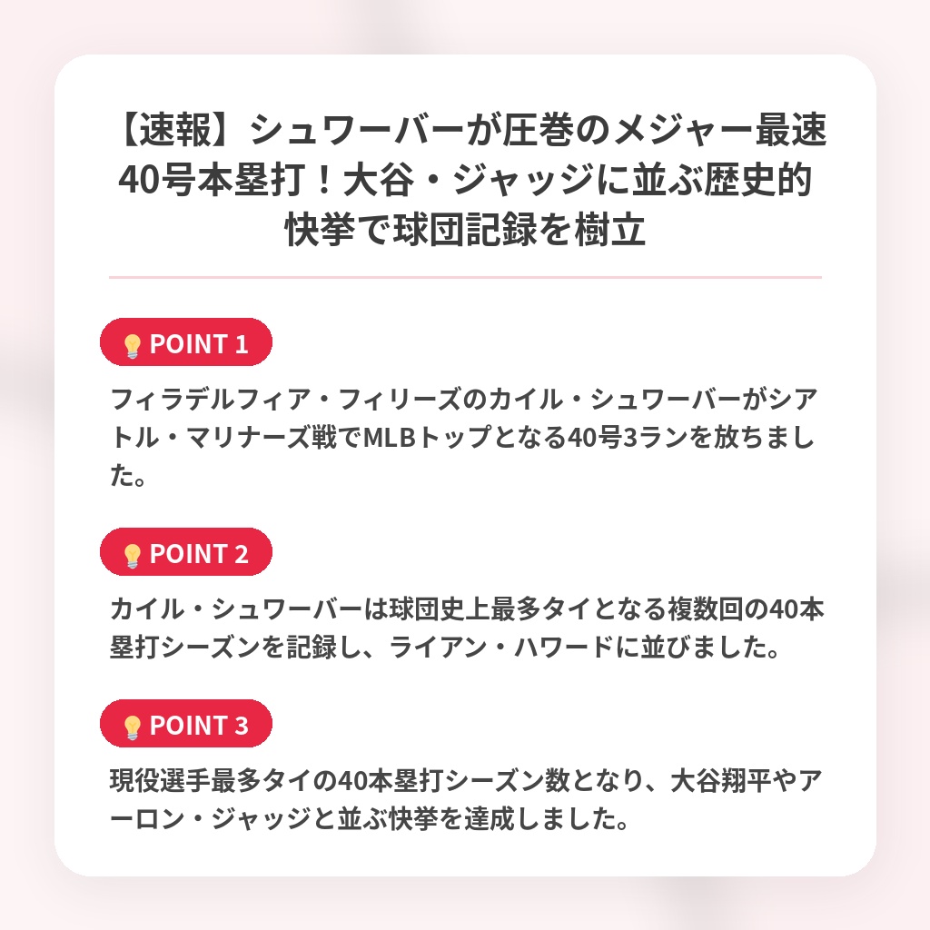 【速報】シュワーバーが圧巻のメジャー最速40号本塁打！大谷・ジャッジに並ぶ歴史的快挙で球団記録を樹立の注目ポイントまとめ