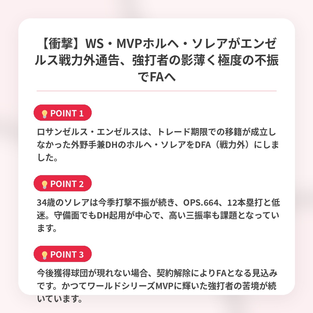 【衝撃】WS・MVPホルヘ・ソレアがエンゼルス戦力外通告、強打者の影薄く極度の不振でFAへの注目ポイントまとめ