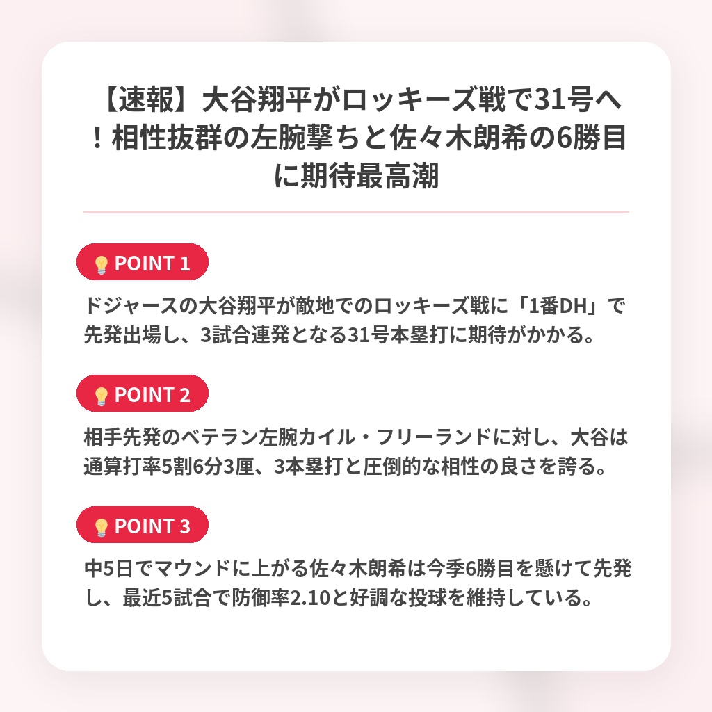 【速報】大谷翔平がロッキーズ戦で31号へ！相性抜群の左腕撃ちと佐々木朗希の6勝目に期待最高潮の注目ポイントまとめ