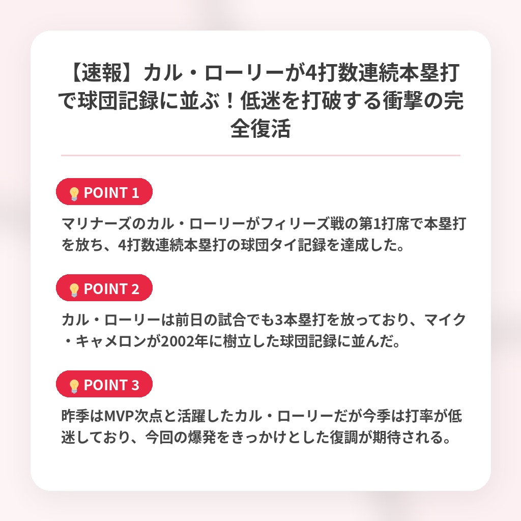 【速報】カル・ローリーが4打数連続本塁打で球団記録に並ぶ!低迷を打破する衝撃の完全復活の注目ポイントまとめ