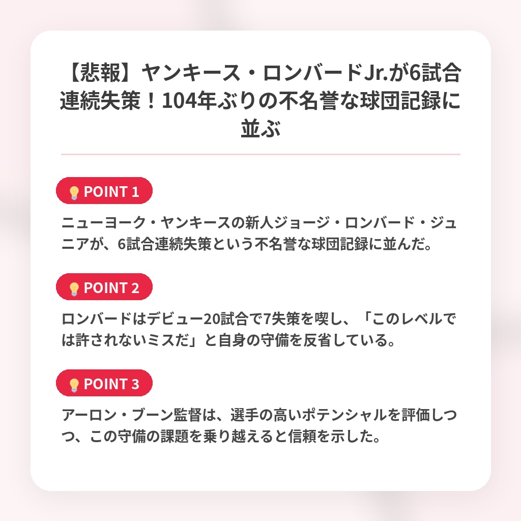 【悲報】ヤンキース・ロンバードJr.が6試合連続失策！104年ぶりの不名誉な球団記録に並ぶの注目ポイントまとめ