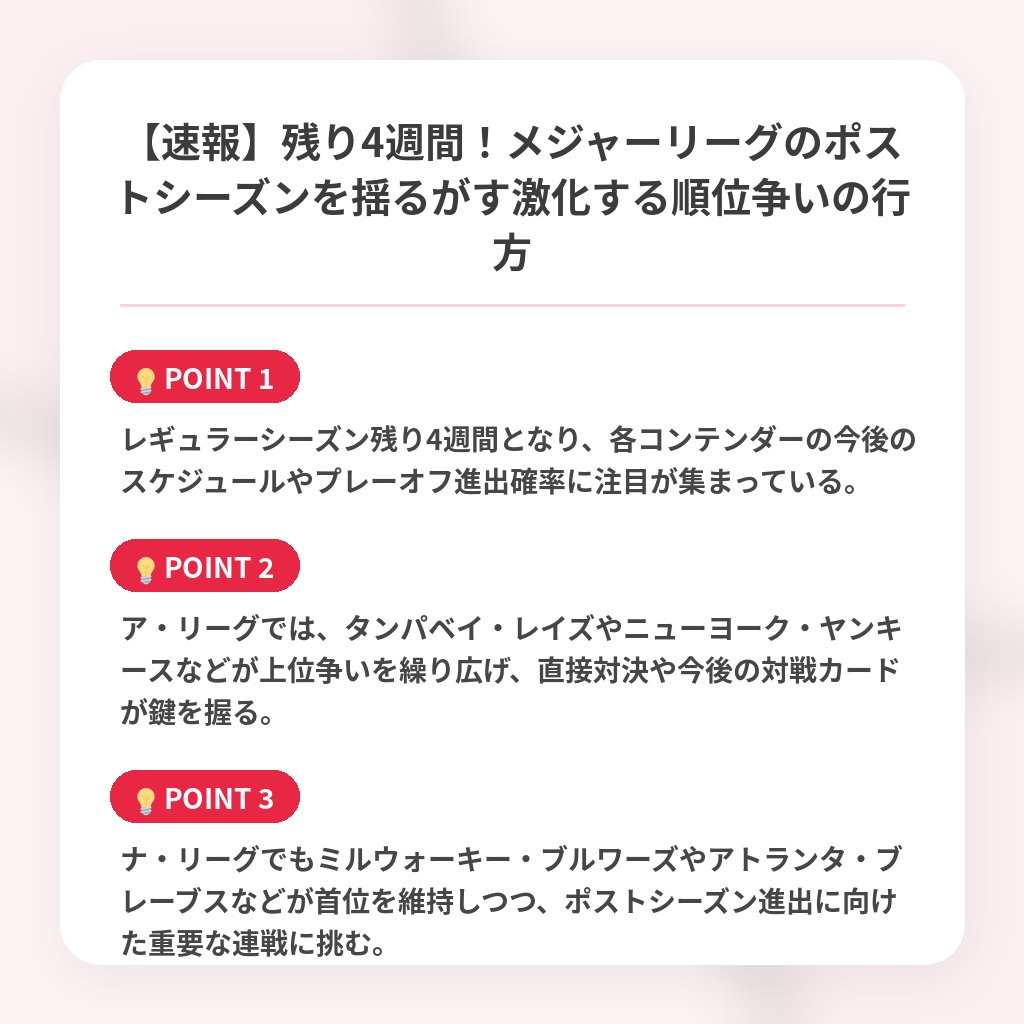 【速報】残り4週間！メジャーリーグのポストシーズンを揺るがす激化する順位争いの行方の注目ポイントまとめ