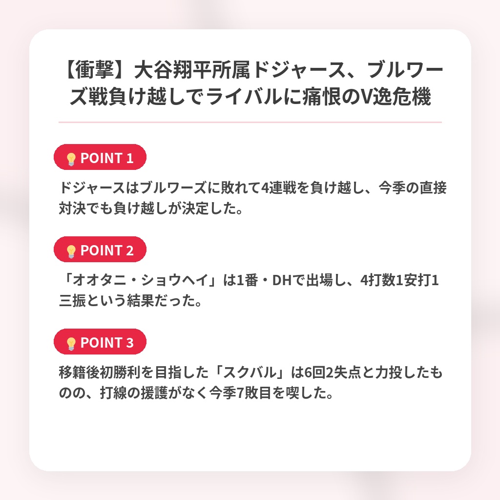 【衝撃】大谷翔平所属ドジャース、ブルワーズ戦負け越しでライバルに痛恨のV逸危機の注目ポイントまとめ