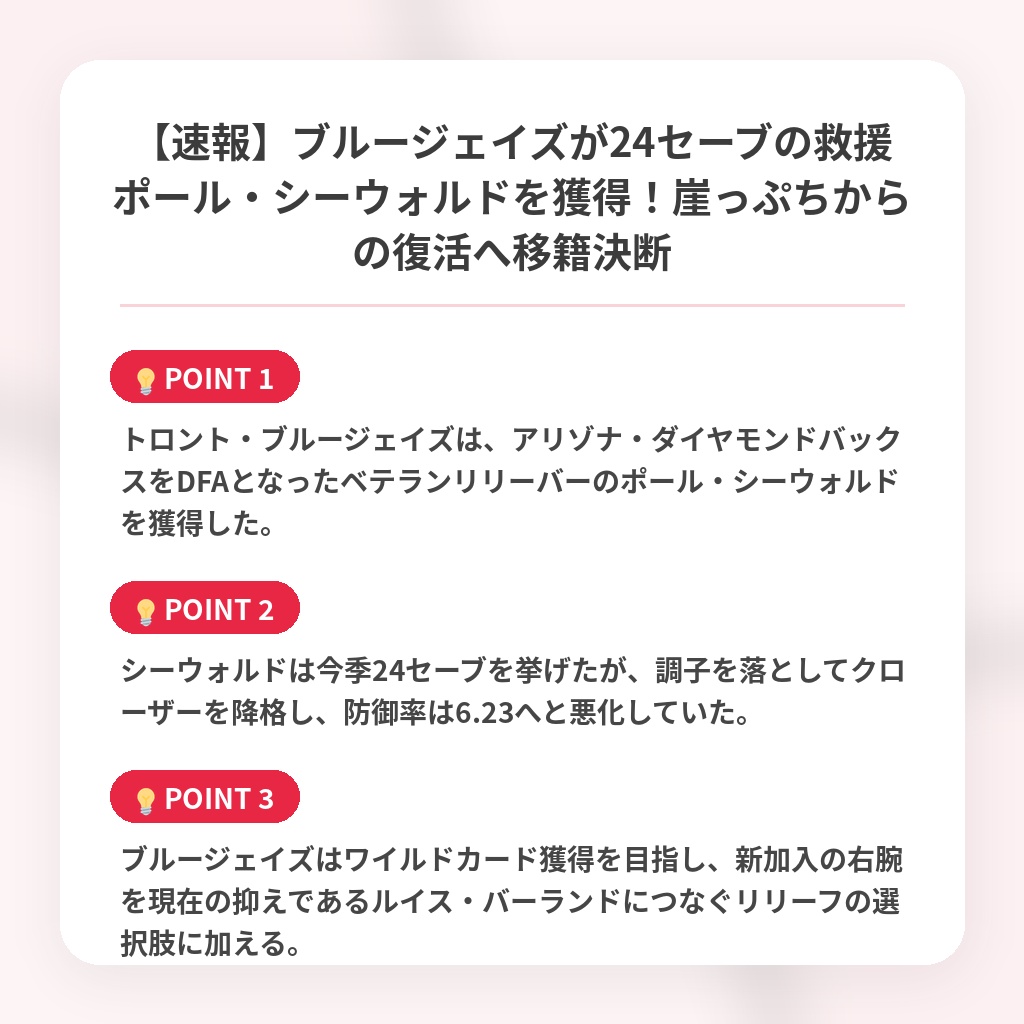 【速報】ブルージェイズが24セーブの救援ポール・シーウォルドを獲得！崖っぷちからの復活へ移籍決断の注目ポイントまとめ