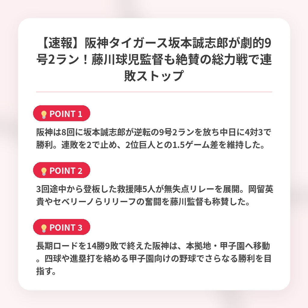 【速報】阪神タイガース坂本誠志郎が劇的9号2ラン！藤川球児監督も絶賛の総力戦で連敗ストップの注目ポイントまとめ