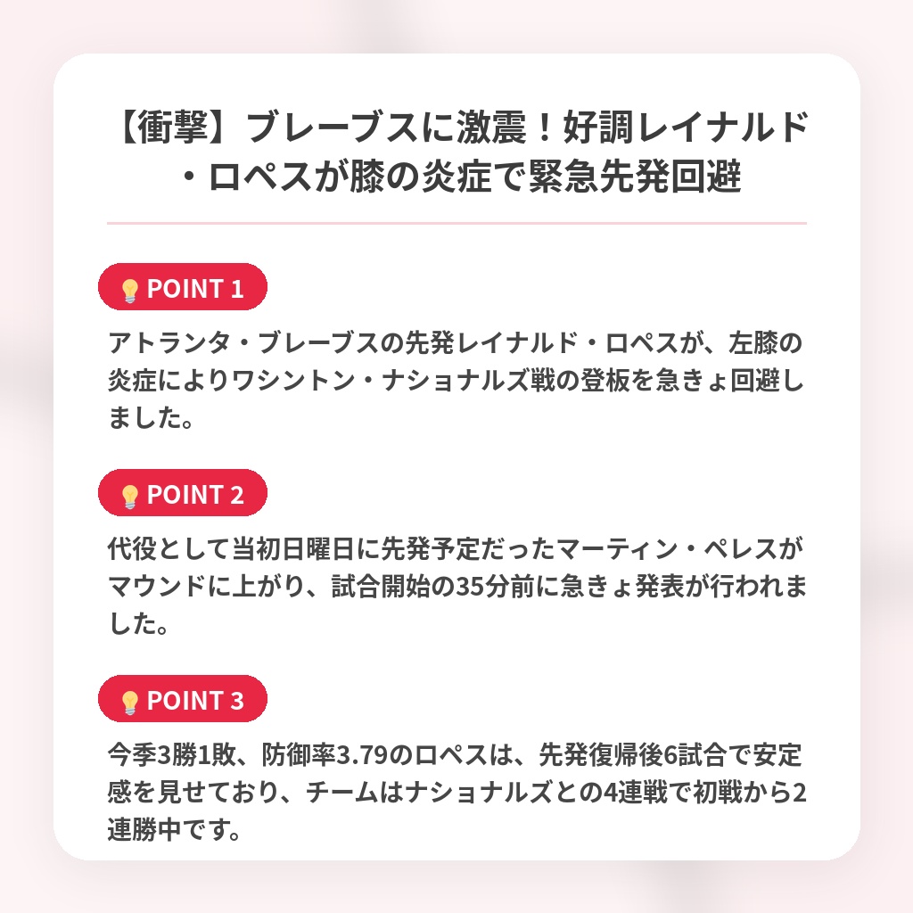 【衝撃】ブレーブスに激震!好調レイナルド・ロペスが膝の炎症で緊急先発回避の注目ポイントまとめ