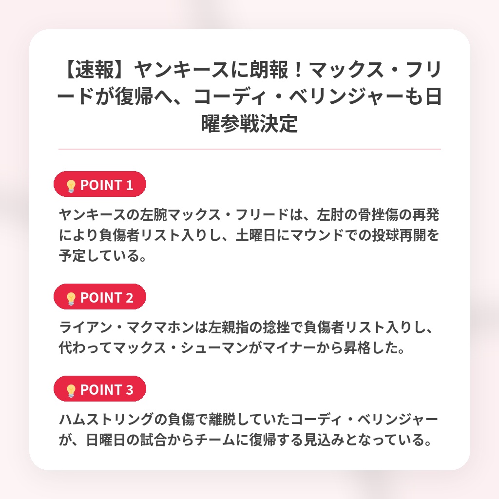 【速報】ヤンキースに朗報！マックス・フリードが復帰へ、コーディ・ベリンジャーも日曜参戦決定の注目ポイントまとめ