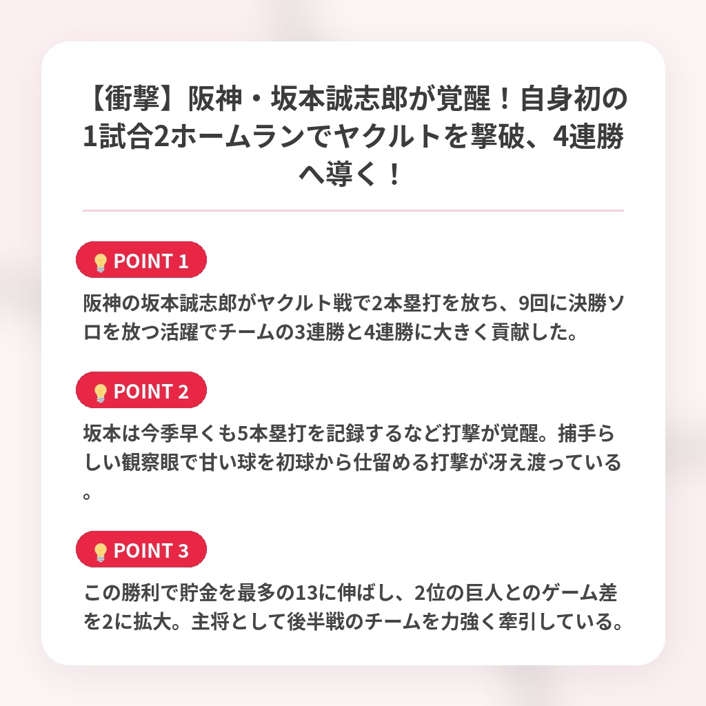 【衝撃】阪神・坂本誠志郎が覚醒！自身初の1試合2ホームランでヤクルトを撃破、4連勝へ導く！の注目ポイントまとめ