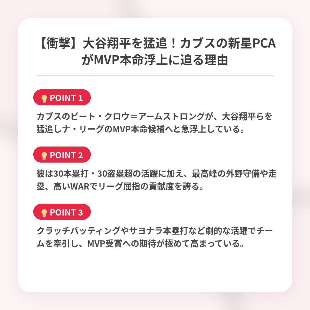 【衝撃】大谷翔平を猛追！カブスの新星PCAがMVP本命浮上に迫る理由の注目ポイントまとめ