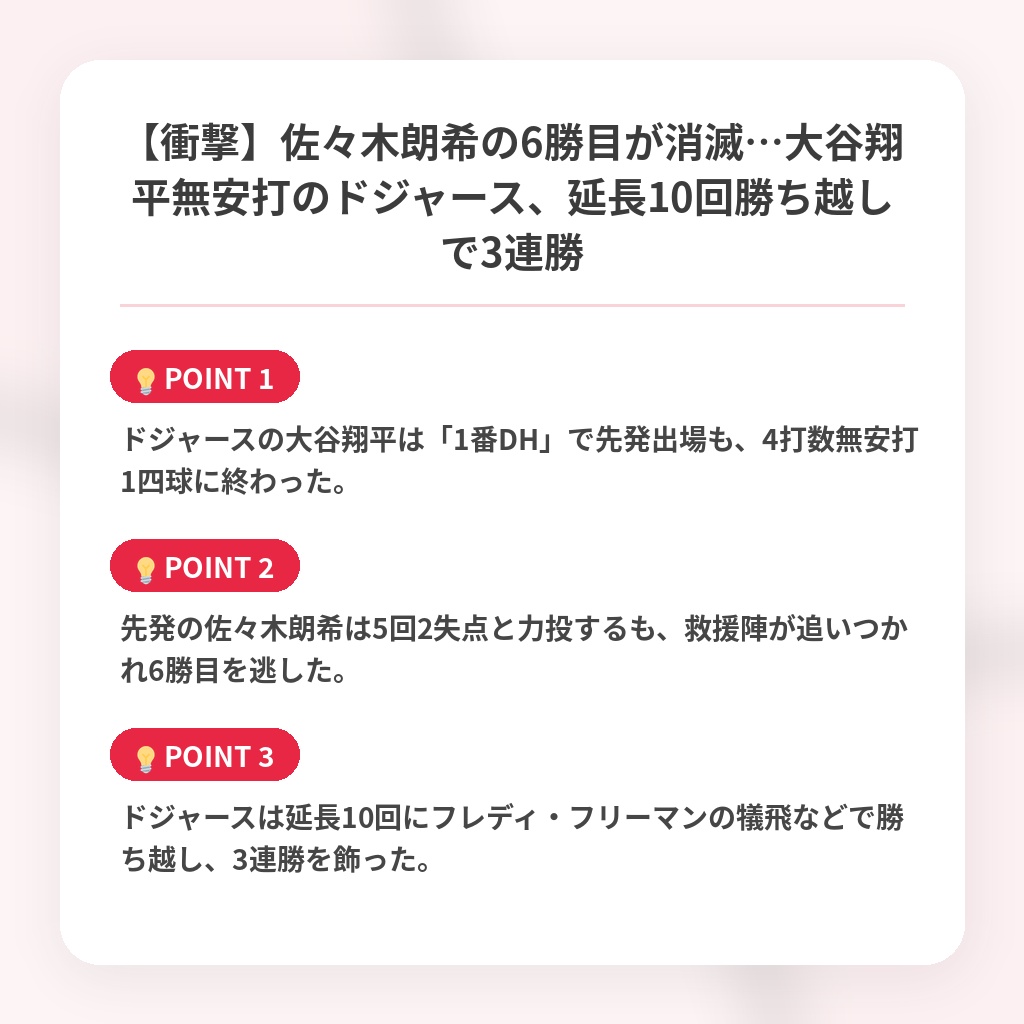 【衝撃】佐々木朗希の6勝目が消滅…大谷翔平無安打のドジャース、延長10回勝ち越しで3連勝の注目ポイントまとめ