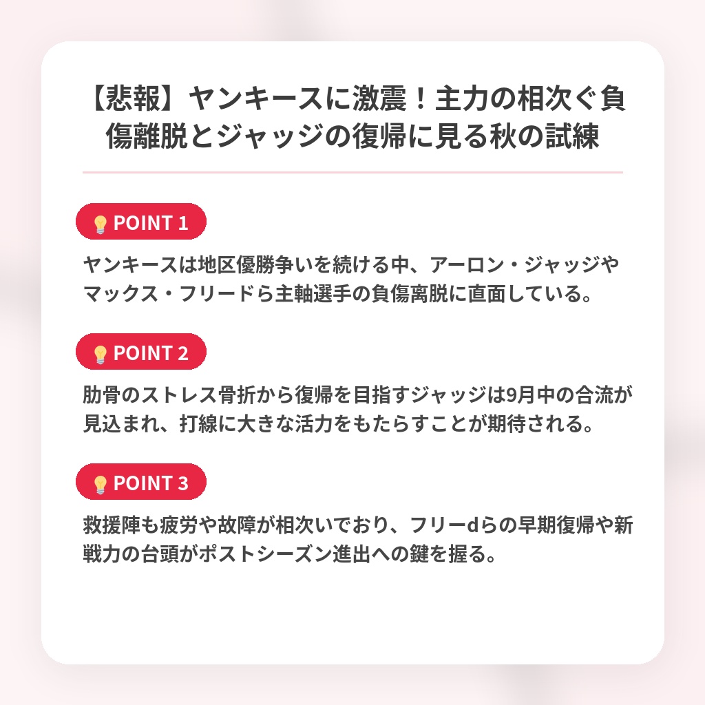 【悲報】ヤンキースに激震!主力の相次ぐ負傷離脱とジャッジの復帰に見る秋の試練の注目ポイントまとめ
