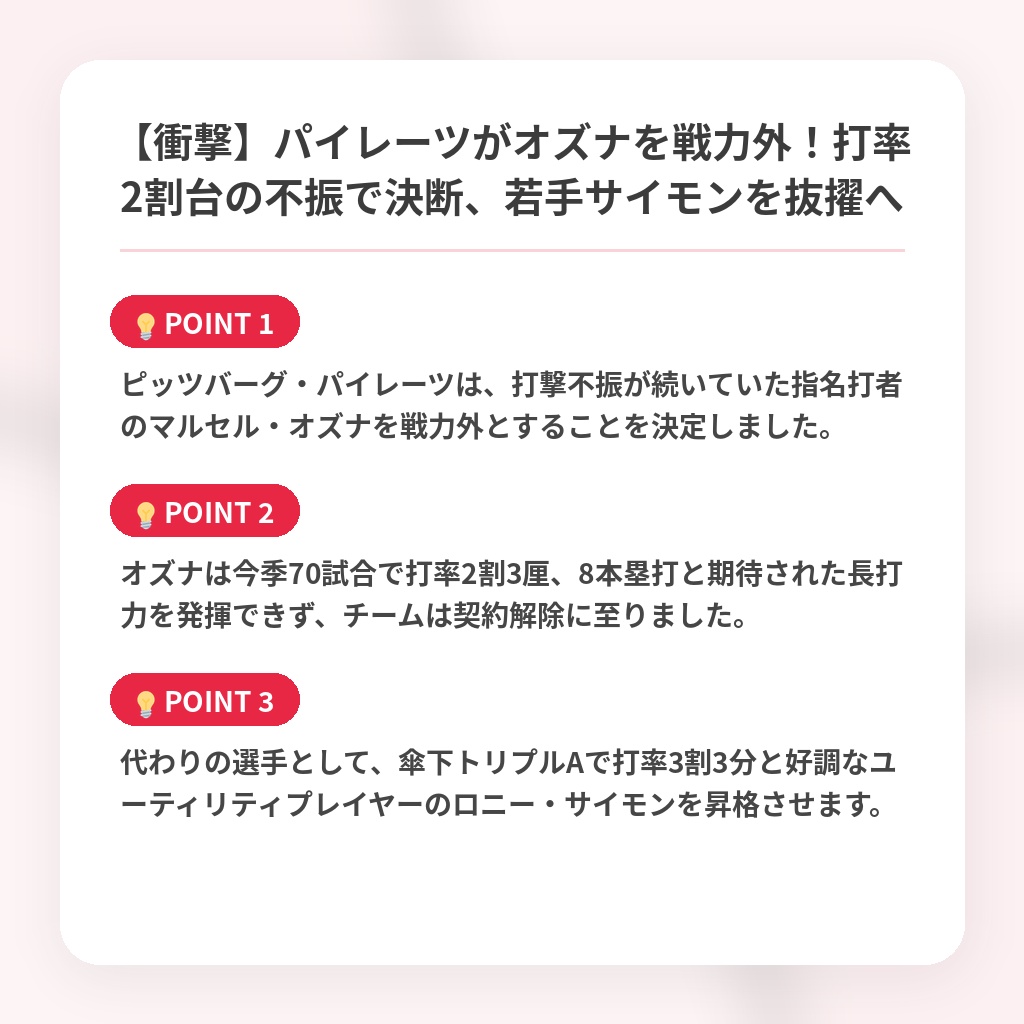 【衝撃】パイレーツがオズナを戦力外！打率2割台の不振で決断、若手サイモンを抜擢への注目ポイントまとめ