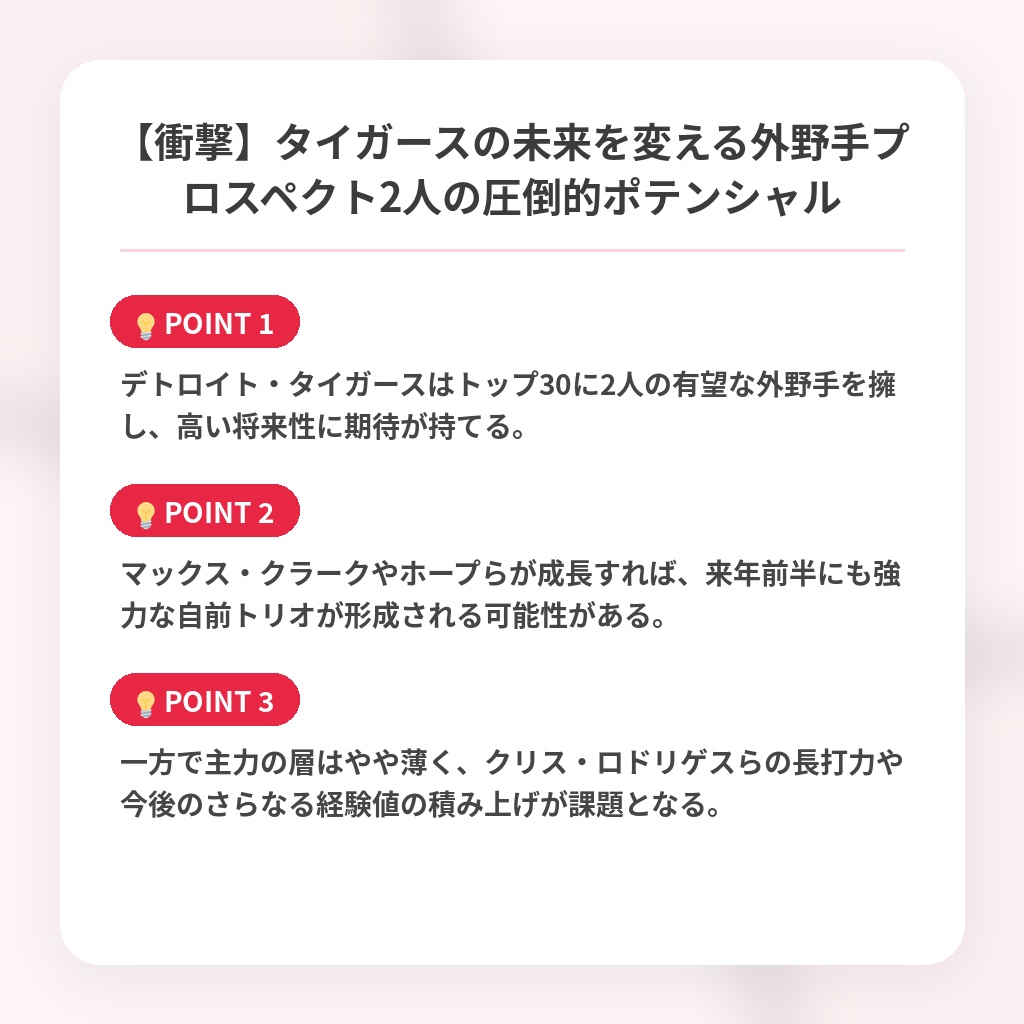 【衝撃】タイガースの未来を変える外野手プロスペクト2人の圧倒的ポテンシャルの注目ポイントまとめ