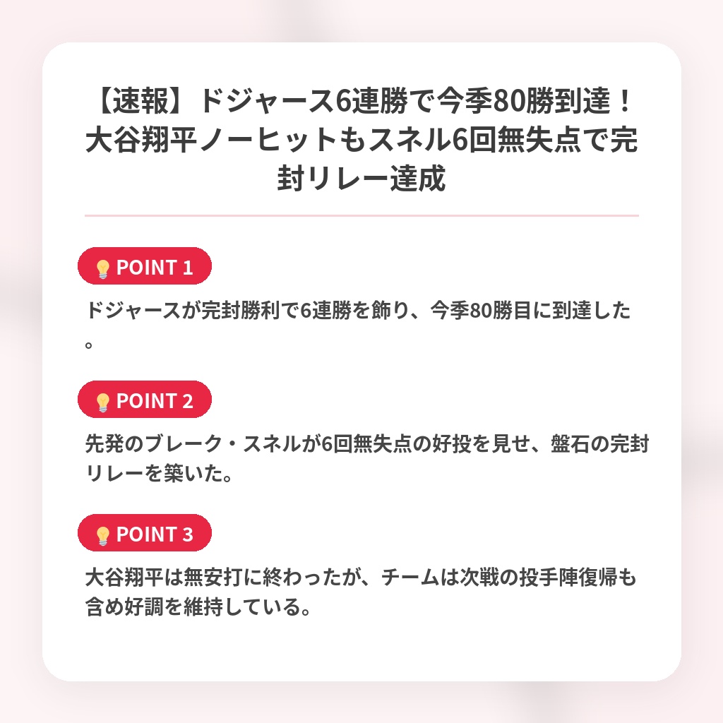 【速報】ドジャース6連勝で今季80勝到達!大谷翔平ノーヒットもスネル6回無失点で完封リレー達成の注目ポイントまとめ