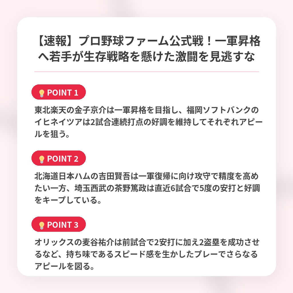 【速報】プロ野球ファーム公式戦！一軍昇格へ若手が生存戦略を懸けた激闘を見逃すなの注目ポイントまとめ