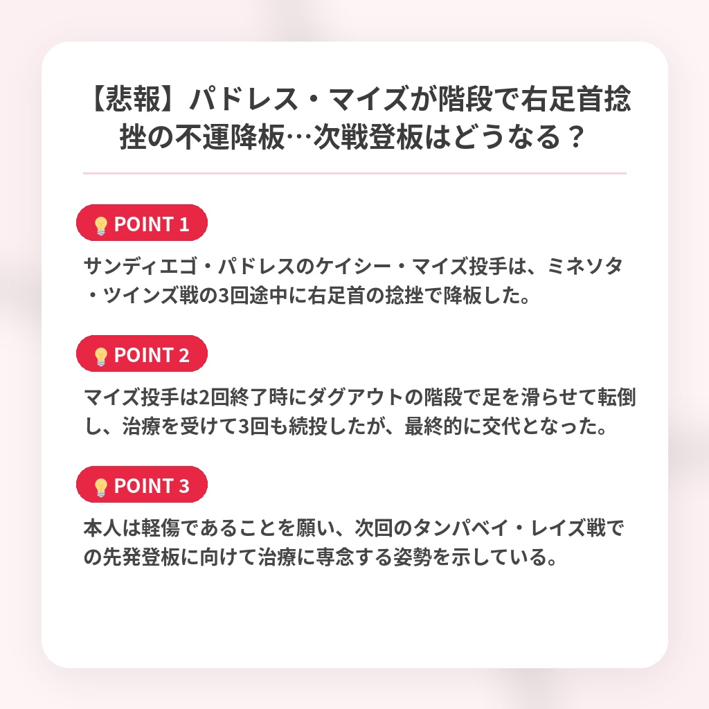 【悲報】パドレス・マイズが階段で右足首捻挫の不運降板…次戦登板はどうなる?の注目ポイントまとめ