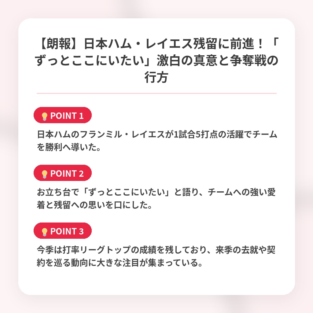 【朗報】日本ハム・レイエス残留に前進！「ずっとここにいたい」激白の真意と争奪戦の行方の注目ポイントまとめ
