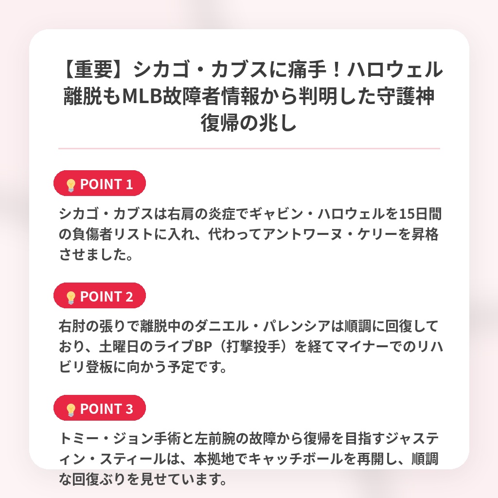 【重要】シカゴ・カブスに痛手!ハロウェル離脱もMLB故障者情報から判明した守護神復帰の兆しの注目ポイントまとめ