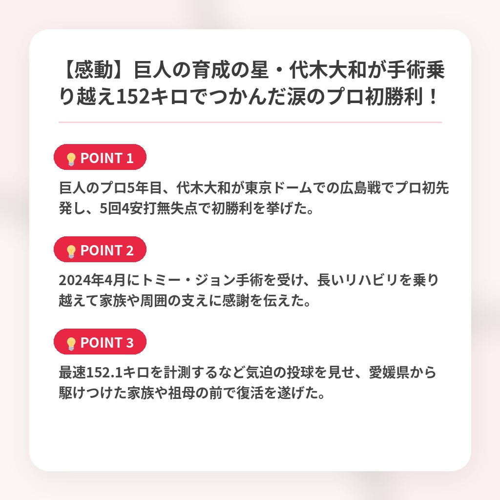 【感動】巨人の育成の星・代木大和が手術乗り越え152キロでつかんだ涙のプロ初勝利！の注目ポイントまとめ
