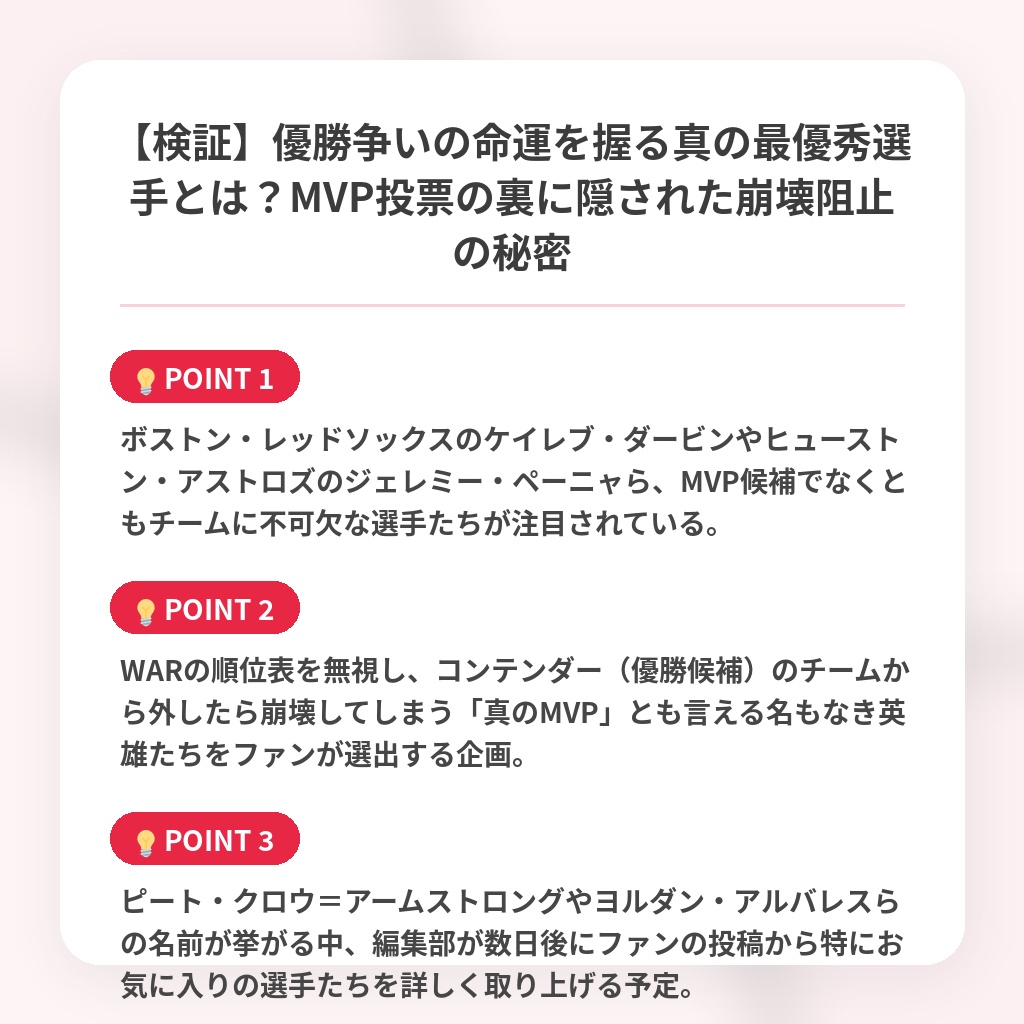 【検証】優勝争いの命運を握る真の最優秀選手とは？MVP投票の裏に隠された崩壊阻止の秘密の注目ポイントまとめ