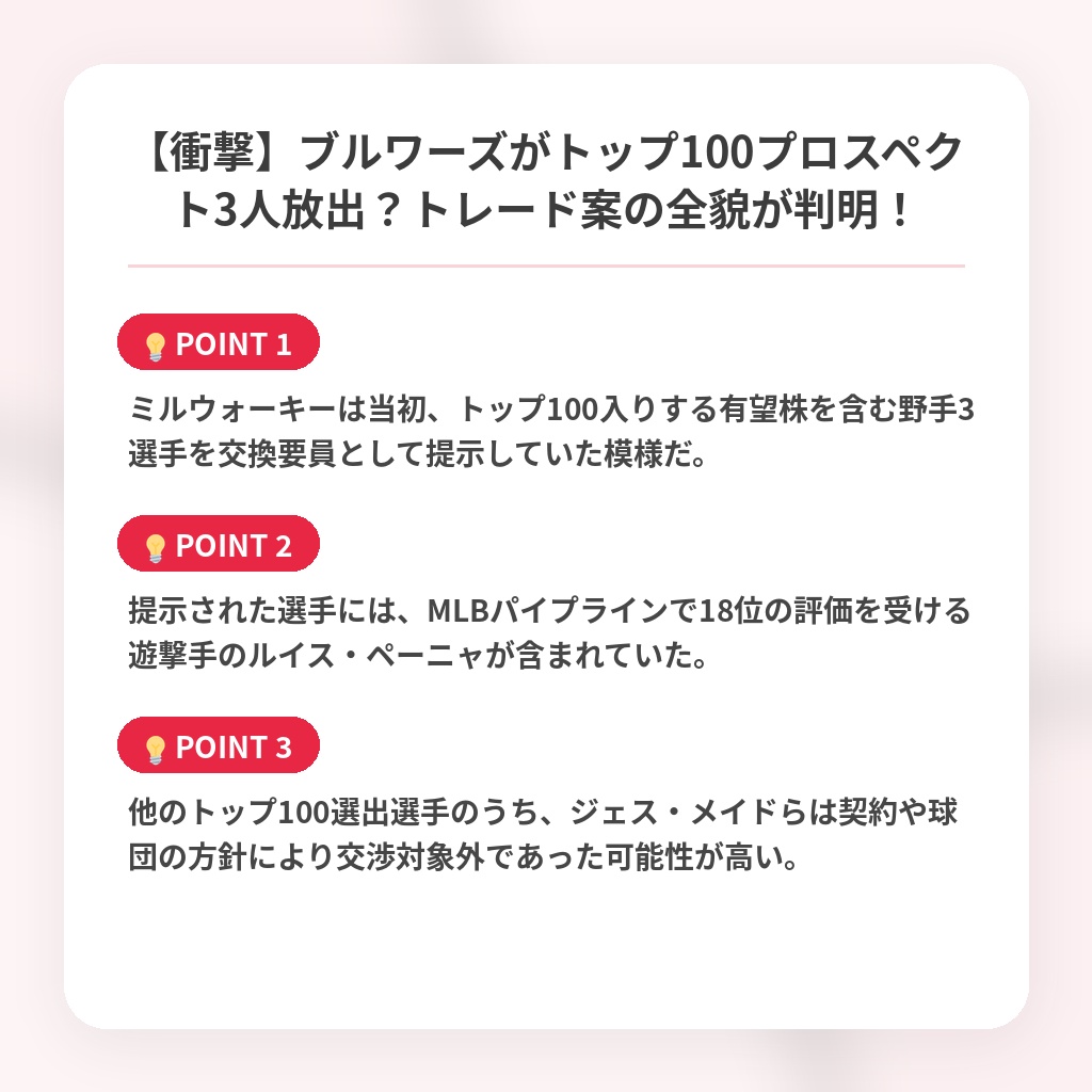 【衝撃】ブルワーズがトップ100プロスペクト3人放出？トレード案の全貌が判明！の注目ポイントまとめ