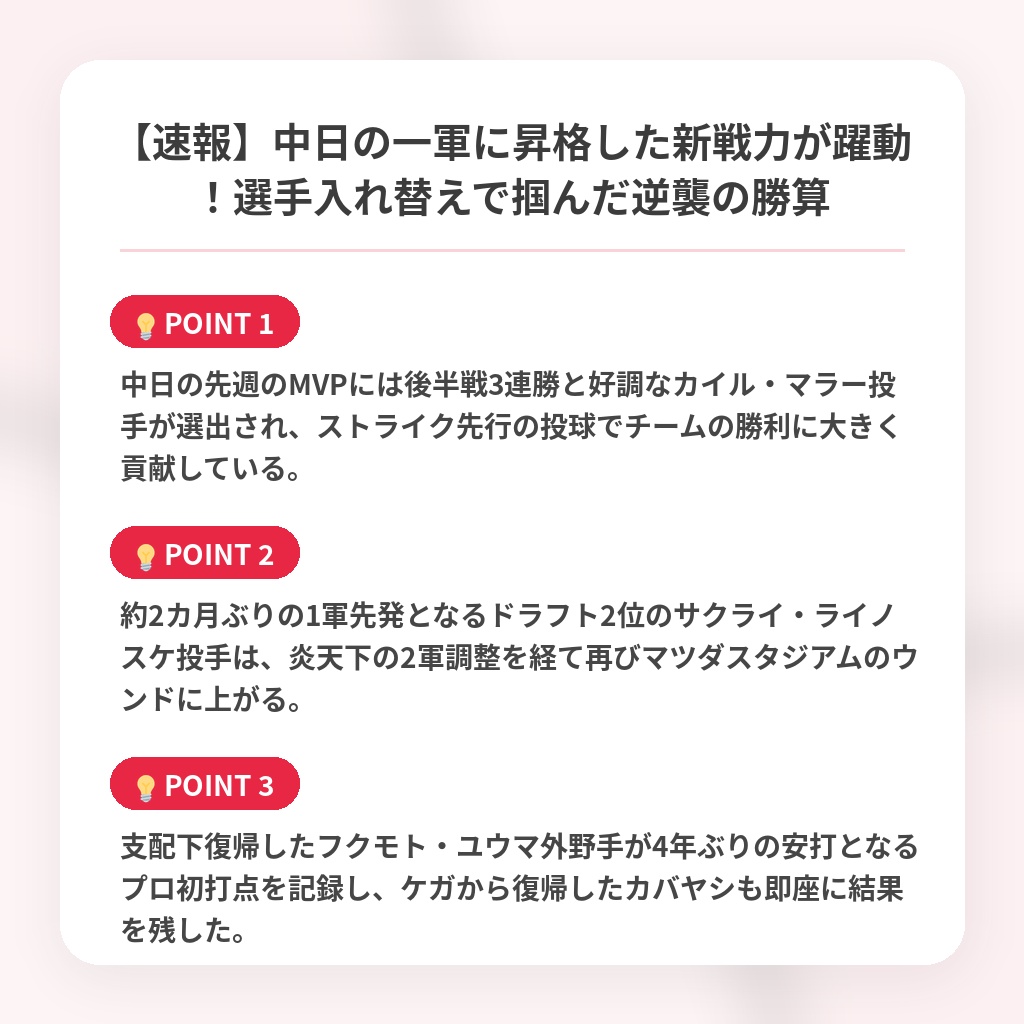 【速報】中日の一軍に昇格した新戦力が躍動！選手入れ替えで掴んだ逆襲の勝算の注目ポイントまとめ