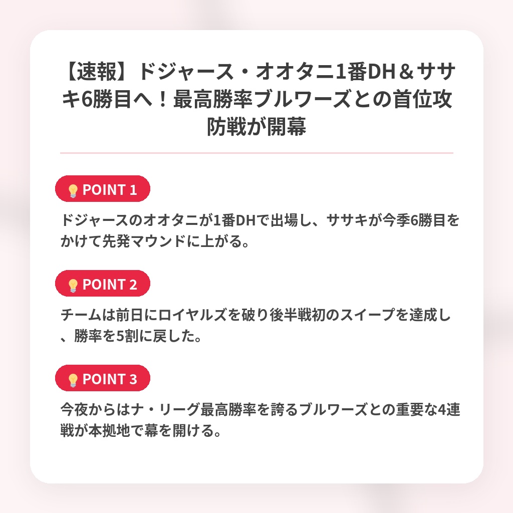 【速報】ドジャース・オオタニ1番DH＆ササキ6勝目へ！最高勝率ブルワーズとの首位攻防戦が開幕の注目ポイントまとめ