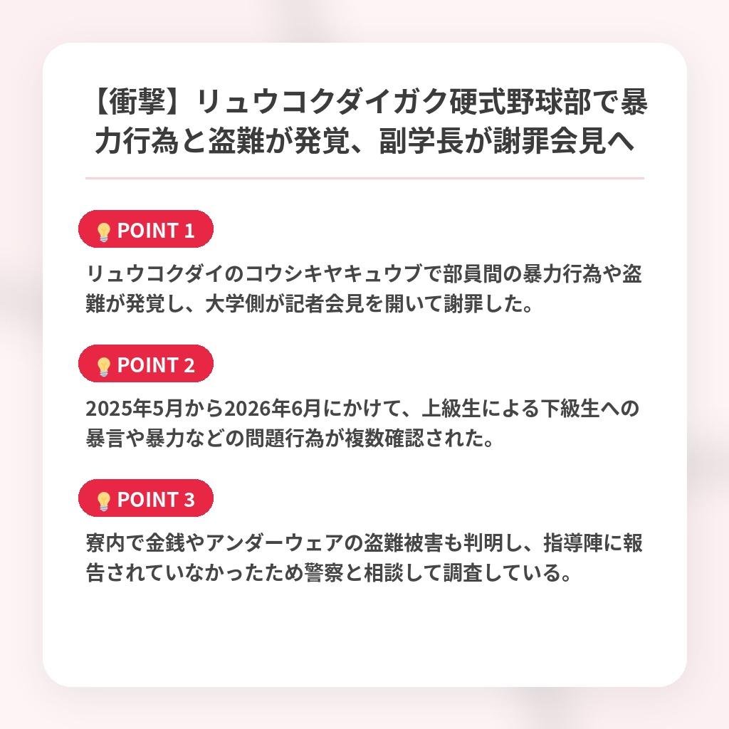 【衝撃】リュウコクダイガク硬式野球部で暴力行為と盗難が発覚、副学長が謝罪会見への注目ポイントまとめ