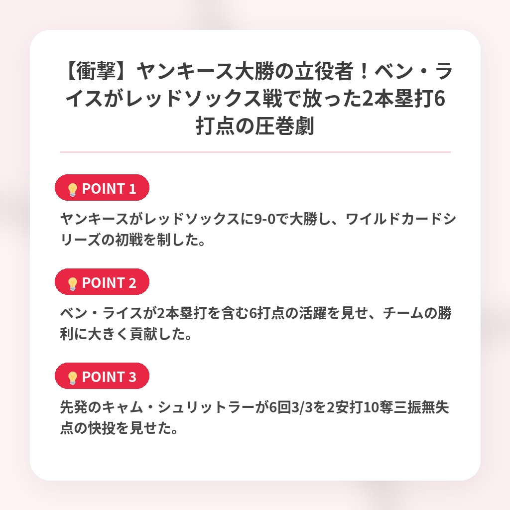 【衝撃】ヤンキース大勝の立役者！ベン・ライスがレッドソックス戦で放った2本塁打6打点の圧巻劇の注目ポイントまとめ