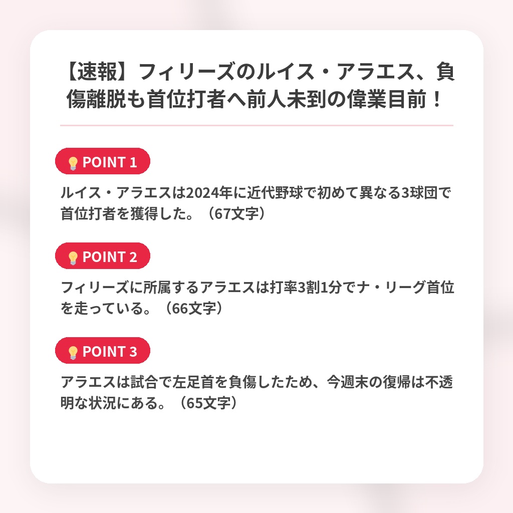 【速報】フィリーズのルイス・アラエス、負傷離脱も首位打者へ前人未到の偉業目前！の注目ポイントまとめ