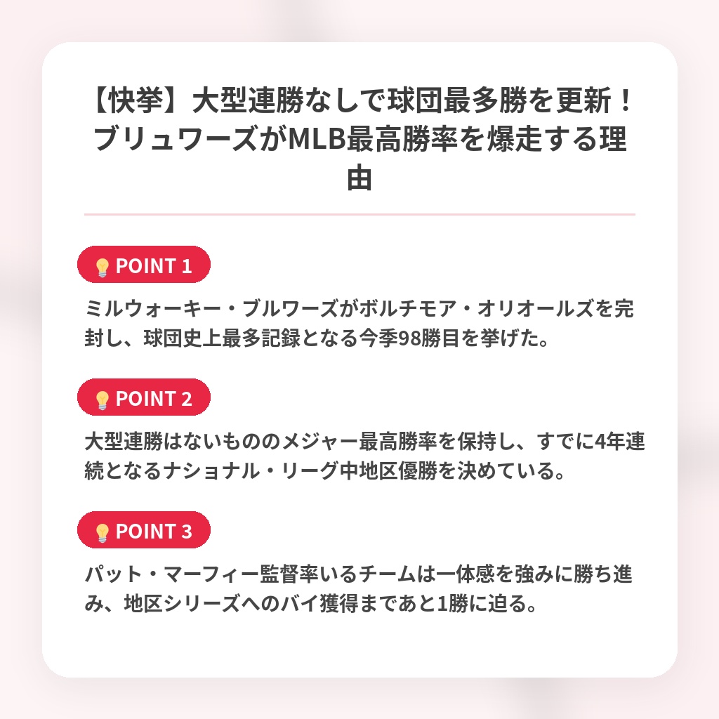 【快挙】大型連勝なしで球団最多勝を更新！ブリュワーズがMLB最高勝率を爆走する理由の注目ポイントまとめ