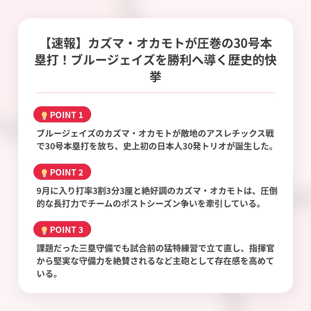 【速報】カズマ・オカモトが圧巻の30号本塁打！ブルージェイズを勝利へ導く歴史的快挙の注目ポイントまとめ
