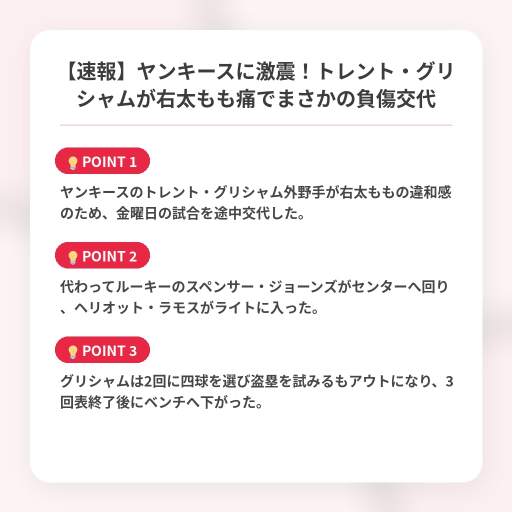 【速報】ヤンキースに激震！トレント・グリシャムが右太もも痛でまさかの負傷交代の注目ポイントまとめ