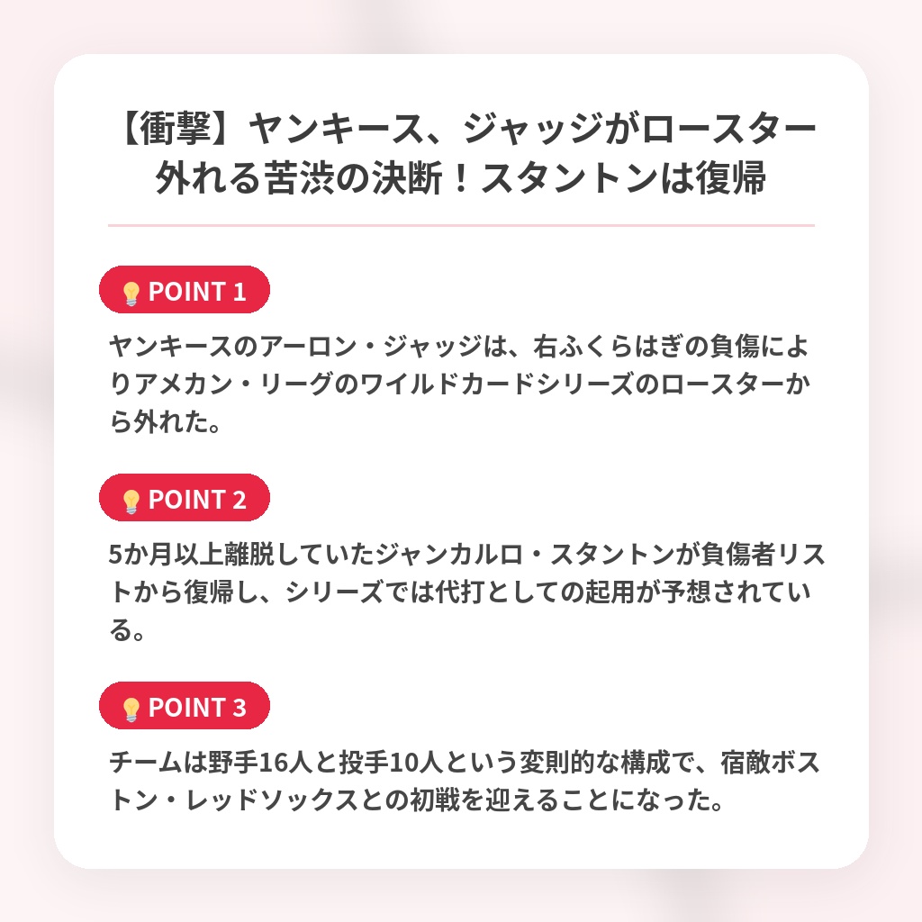 【衝撃】ヤンキース、ジャッジがロースター外れる苦渋の決断！スタントンは復帰の注目ポイントまとめ